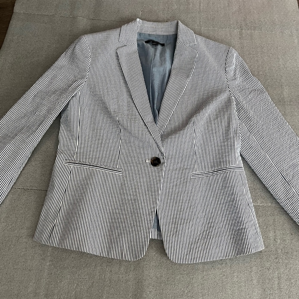 [6]Ann Taylor Navy and White Striped Cotton Blend Light Blazer